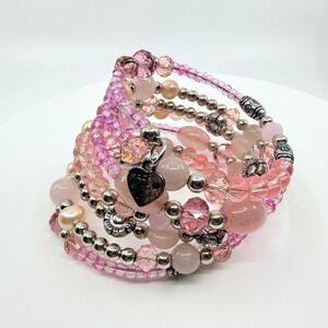Y2K Pink Rose Quartz Faux Pearl Beaded Memory Wire Cuff Wrap Bracelet Bohemian
